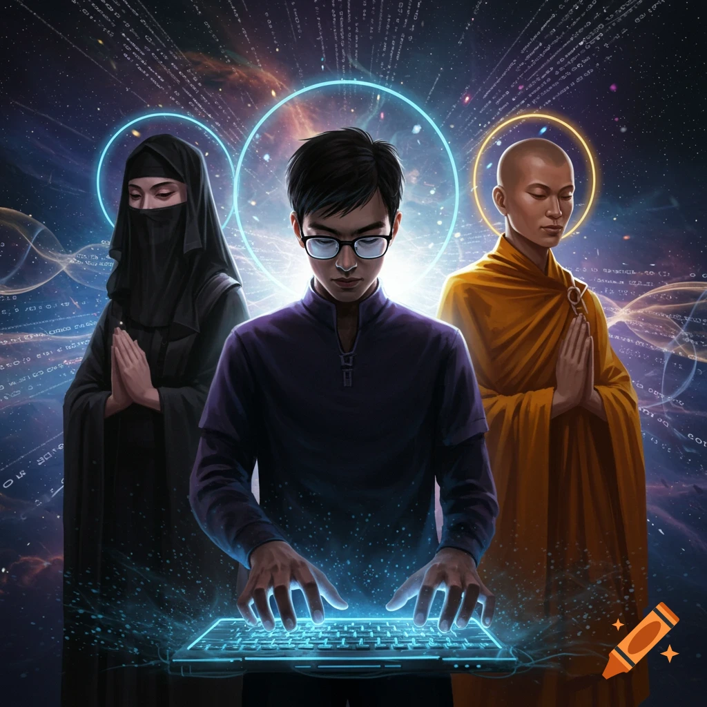 Digital art of an IT nerd typing on a glowing keyboard, flanked by a woman in a black niqab and a Buddhist monk, set against a cosmic background.