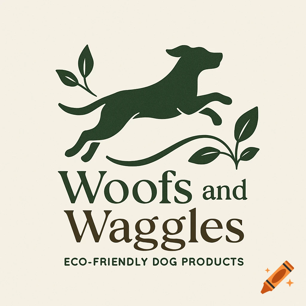 Dark green logo with a leaping dog silhouette, leaves, and text 'Woofs and Waggles' and 'ECO-FRIENDLY DOG PRODUCTS' on a light background.