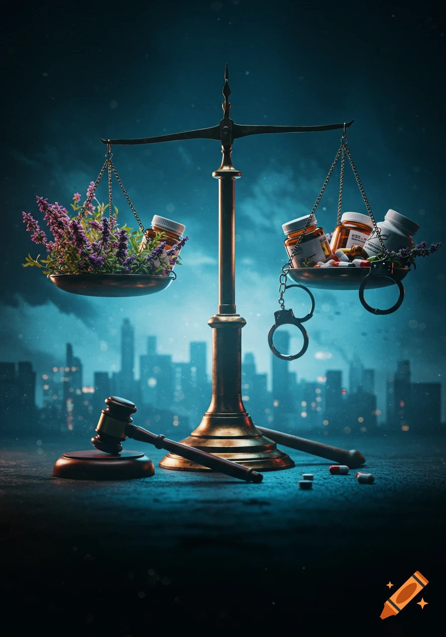 A scale of justice with lavender and a pill bottle on one side, and multiple pill bottles, loose pills, and handcuffs on the other, set against a city skyline with a gavel on the ground.