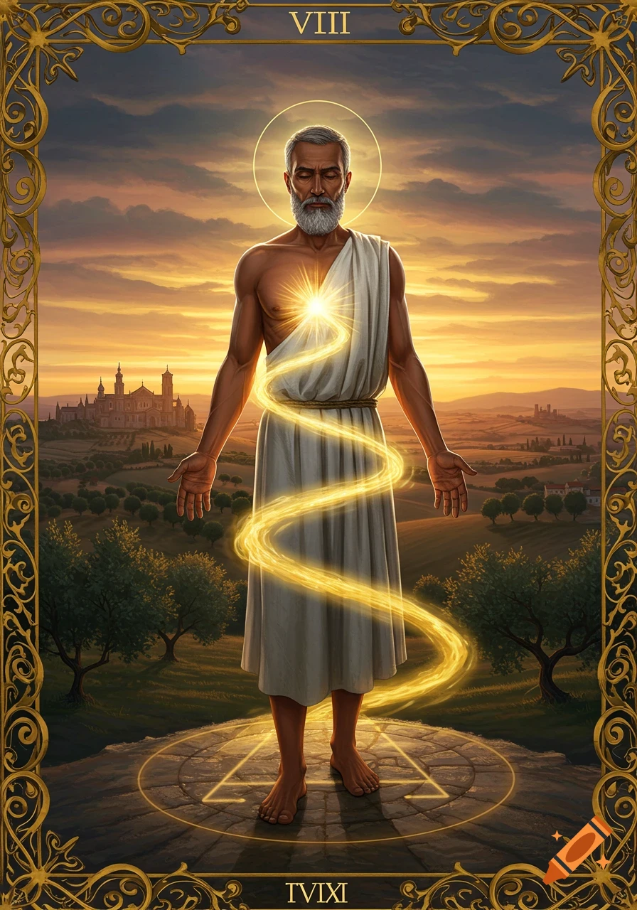 A bearded man with a halo and a white tunic stands with golden light spiraling from his chest, framed by an ornate border in a sunset landscape, resembling a tarot card.