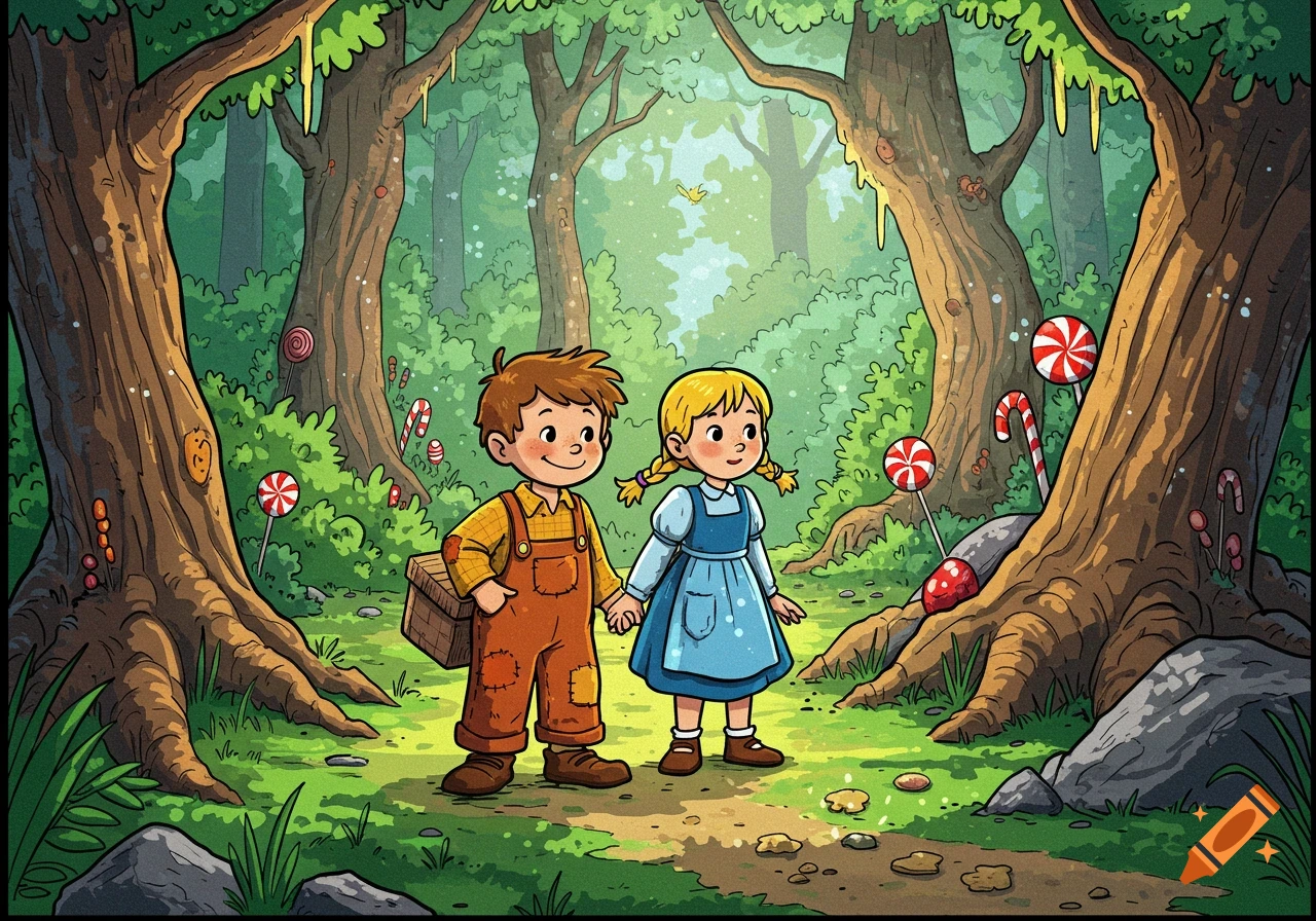 Cartoon illustration of Hansel and Gretel holding hands in an enchanted forest filled with candy.