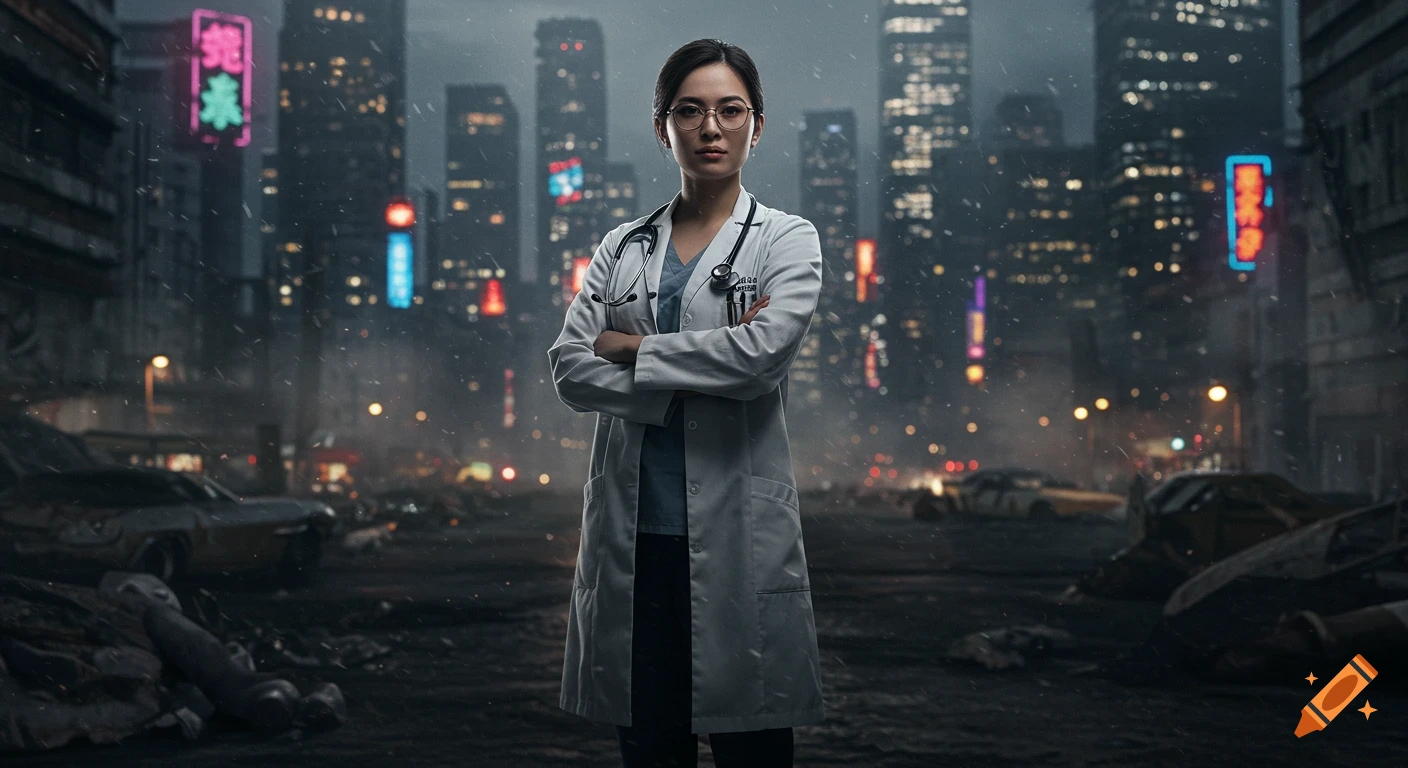A confident female doctor with arms crossed stands in a debris-filled, rainy dystopian cityscape with neon lights.