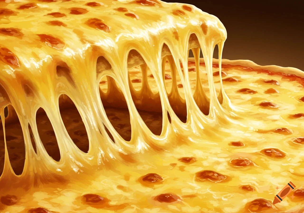 Close-up of extremely melted, stringy cheese cascading down a pizza.