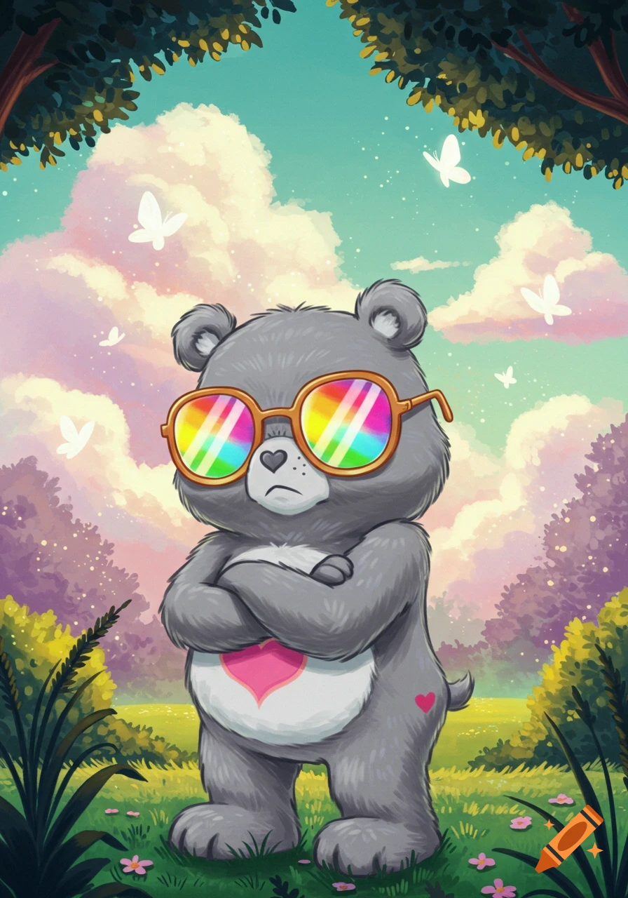 Grumpy grey cartoon bear with rainbow sunglasses and crossed arms in a sunny, stylized forest clearing with butterflies.
