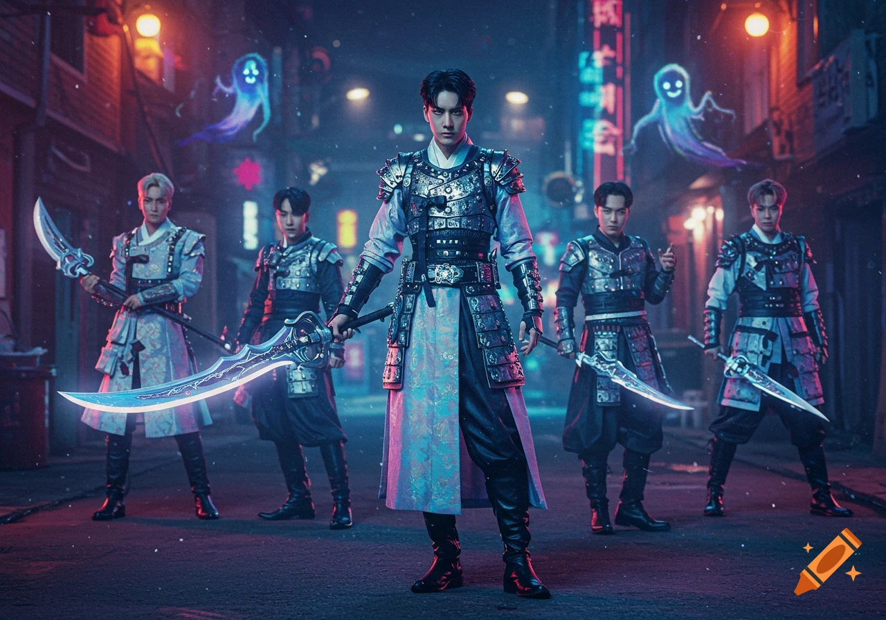 Five Kpop-style male demon hunters in ornate armor with glowing swords stand on a neon-lit street with cartoon ghosts.