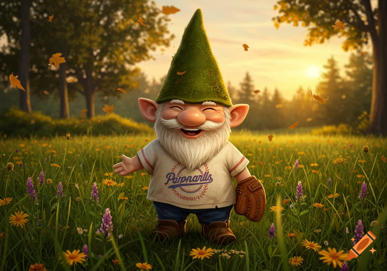 A happy gnome with a white beard and green hat, wearing a baseball t-shirt and glove, stands in a sunny field with flowers and falling leaves.