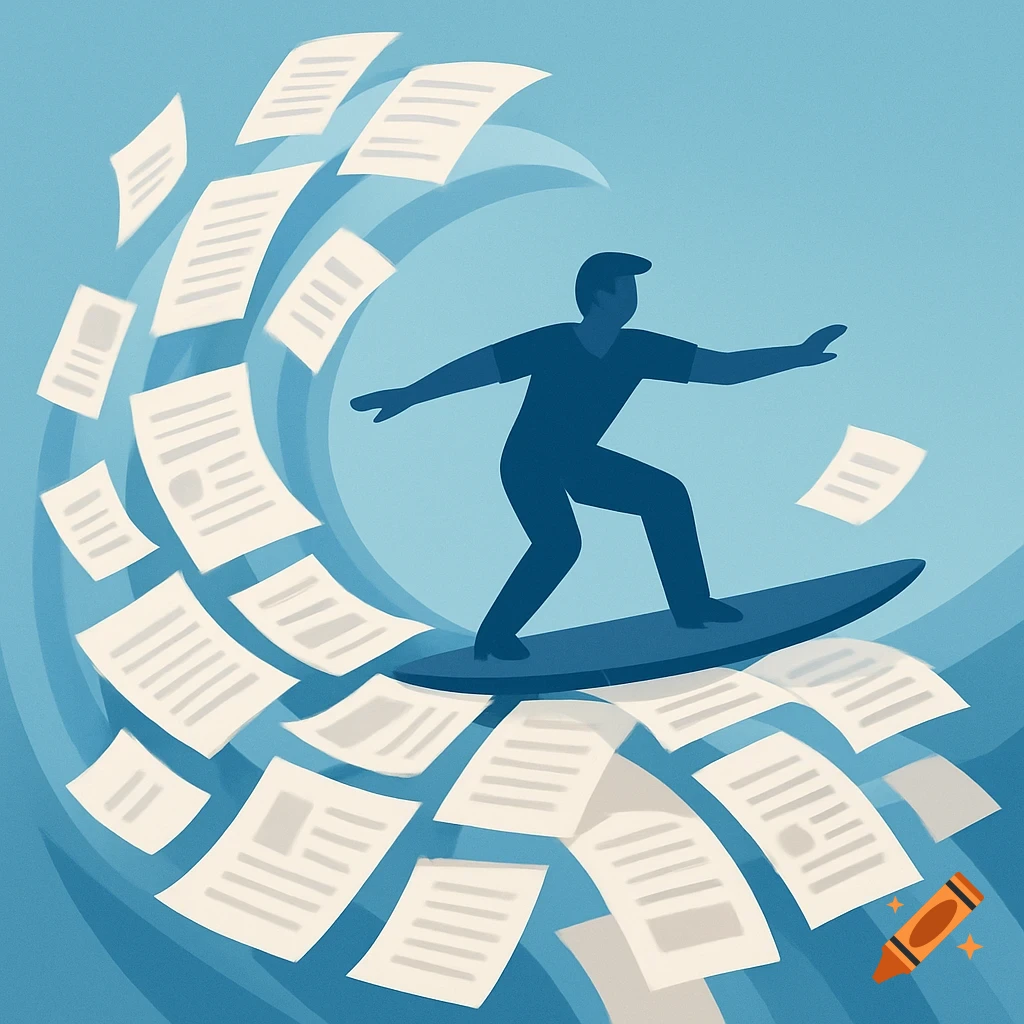 A stylized illustration of a person surfing on a wave made of numerous documents and papers, against a blue background.