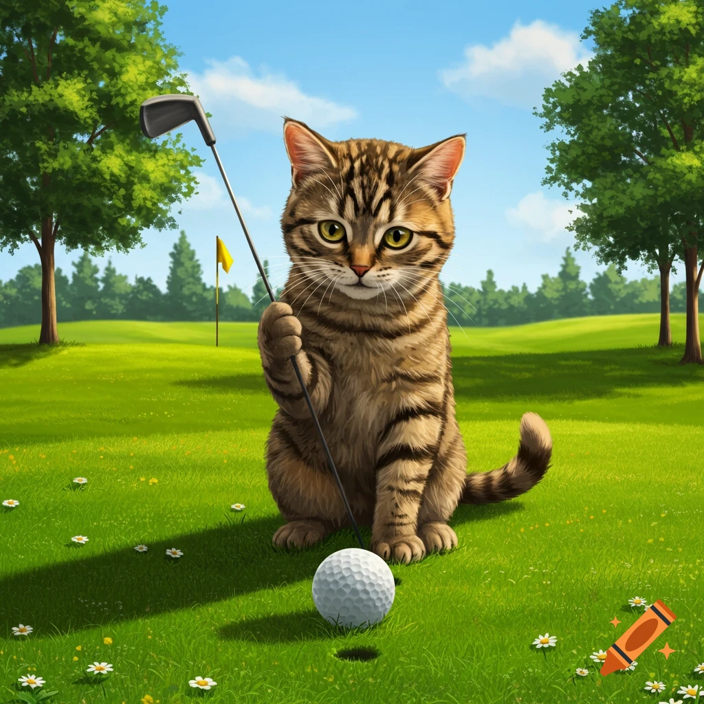 A cute tabby cat sits on a vibrant green golf course, holding a golf club above a white golf ball next to a hole.