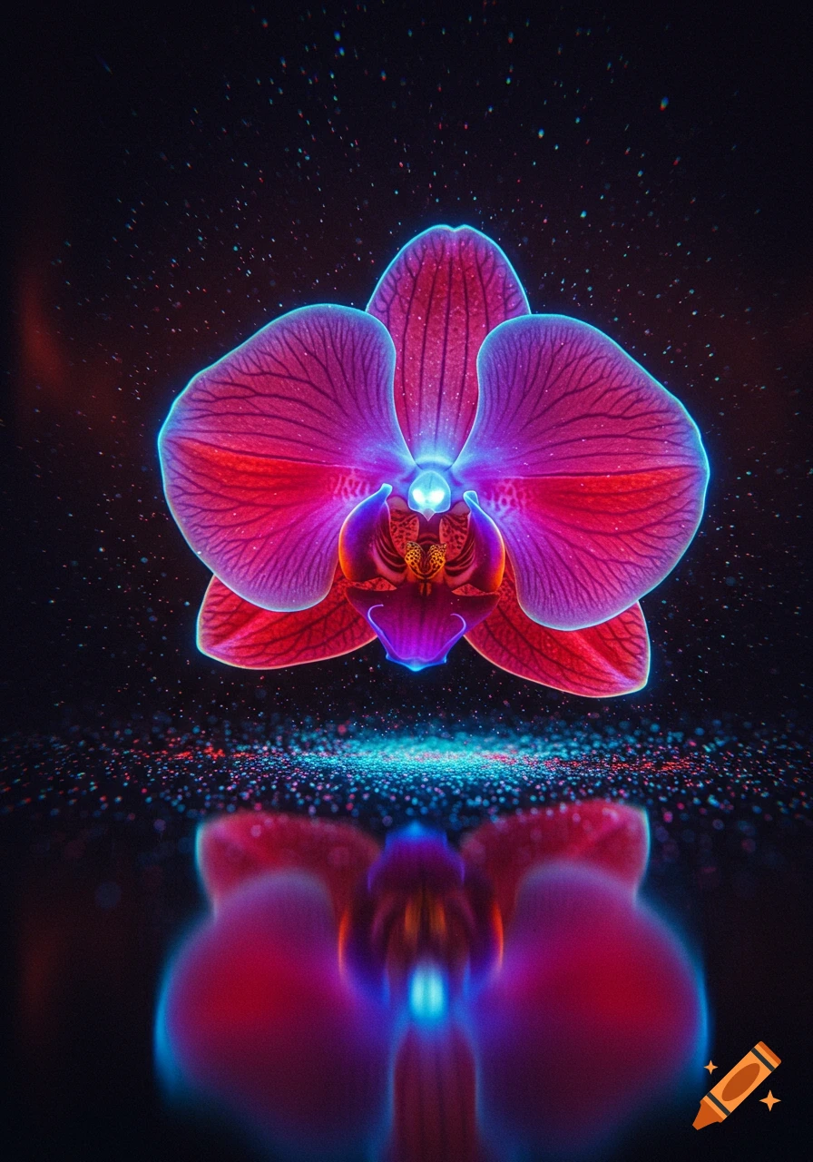 A vibrant pink and purple glowing orchid with blue edges floats above a reflective dark surface with scattered luminous particles.