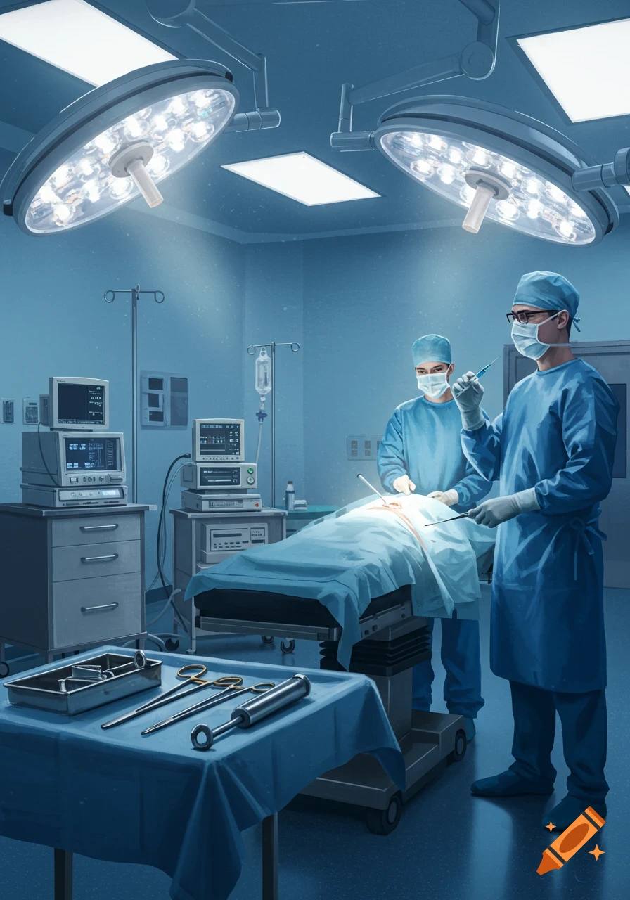 Two surgeons in blue scrubs operate on a patient in a brightly lit hospital operating room with medical equipment.