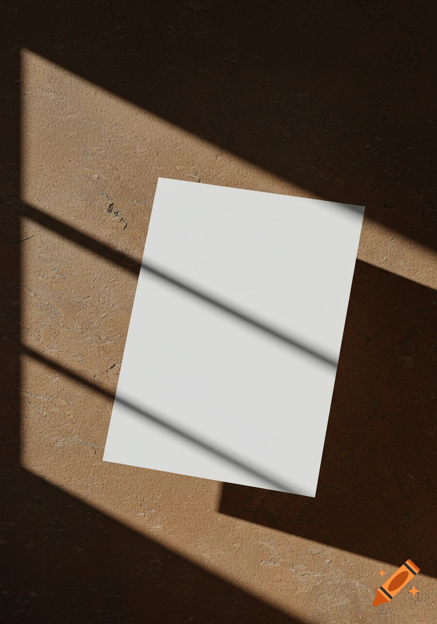 A blank white paper sheet with sharp window shadows on a textured brown surface.