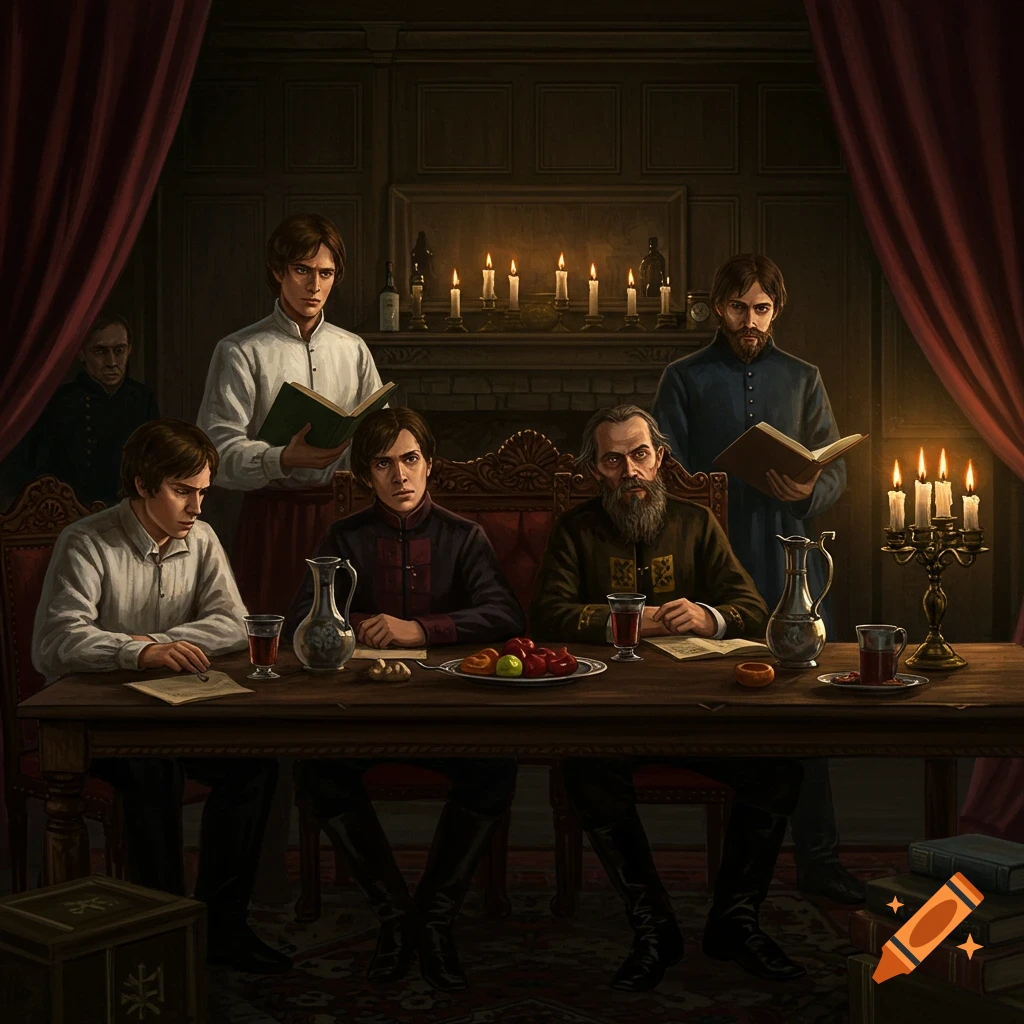 A group of six men in 19th-century attire gathered around a candlelit wooden table in a dimly lit, richly decorated room. Some men hold open books while others gaze forward.