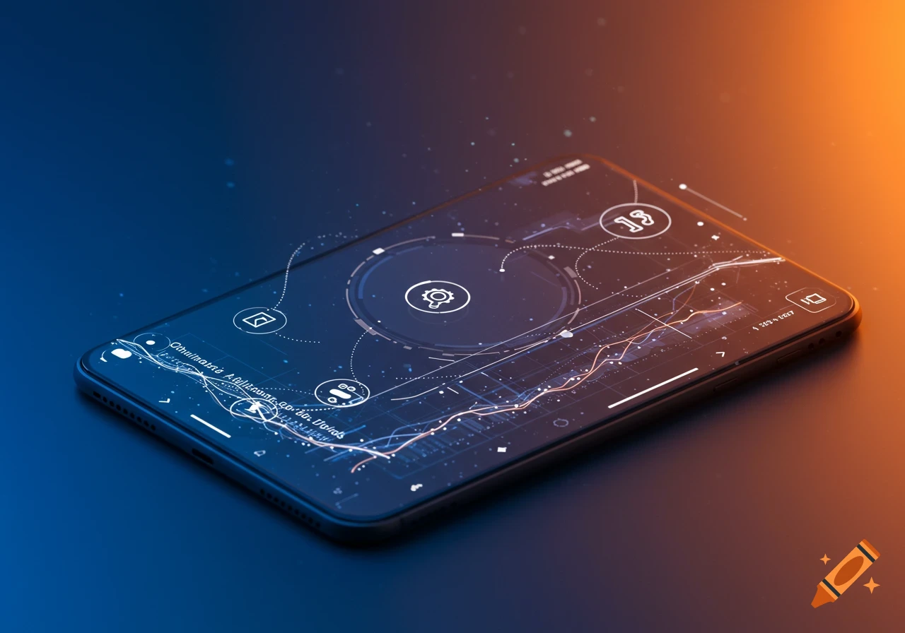 A glowing smartphone displaying a futuristic user interface with graphs, icons, and abstract data on a gradient blue and orange background.