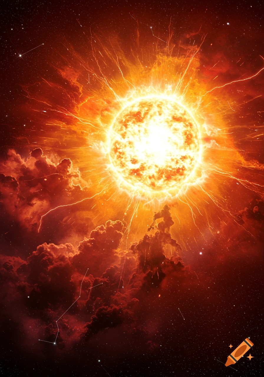 Brightly glowing sun exploding amidst red and orange cosmic clouds and stars, with distant stars in the background.