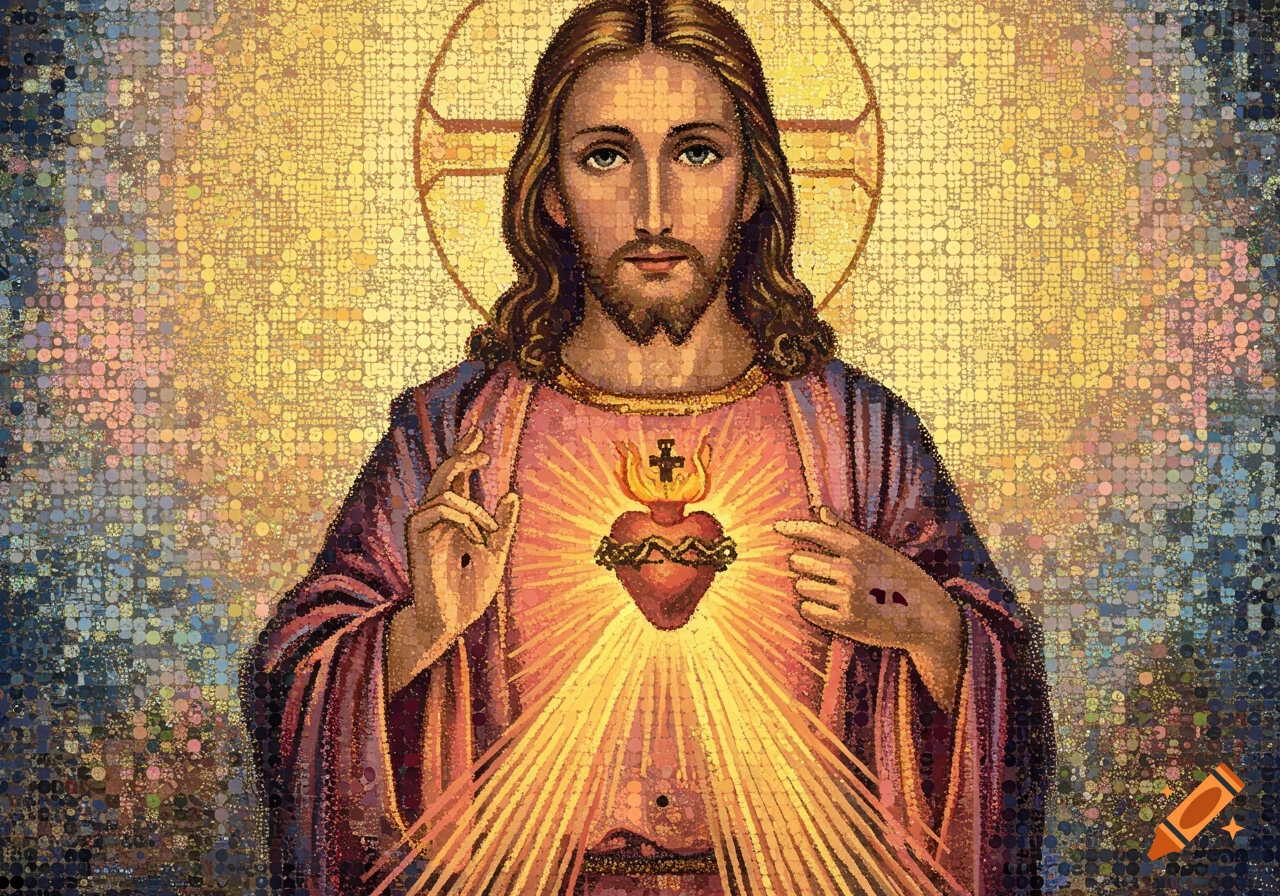A mosaic depiction of Jesus Christ with a beard and long hair, showing the Sacred Heart on his chest, emitting golden rays of light.