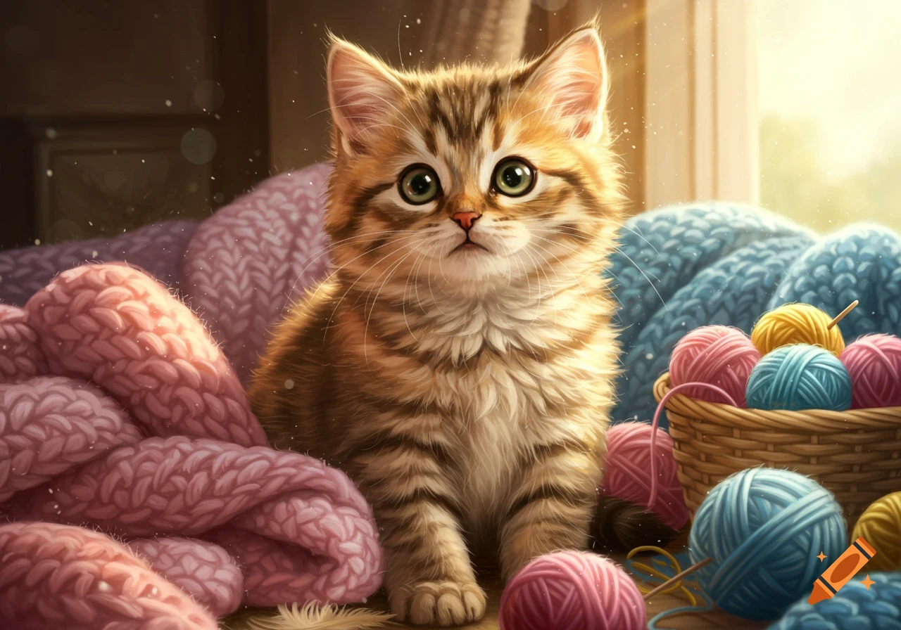 A fluffy tabby kitten with bright green eyes sits among pink and blue knitted blankets and colorful balls of yarn, basking in sunlight.