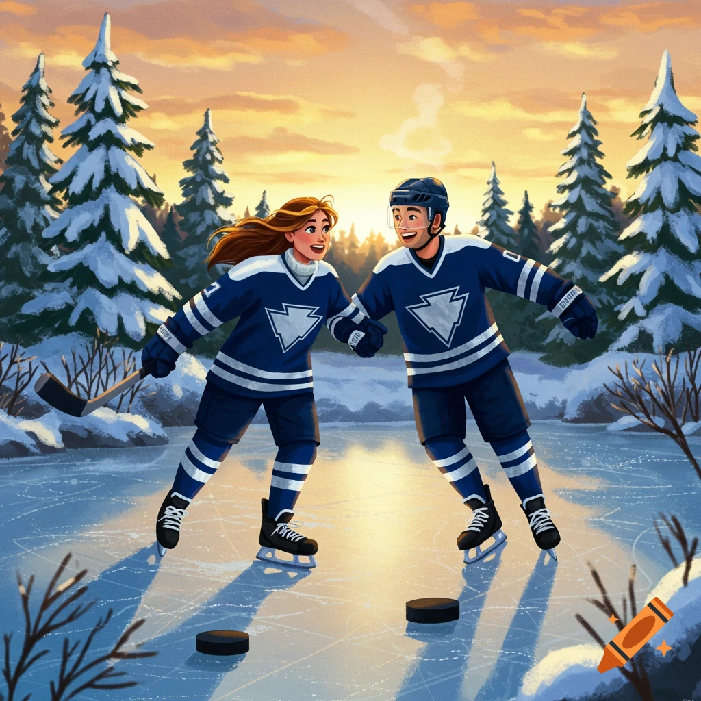 A cartoon illustration of a happy couple in blue hockey jerseys and skates, holding hands on a frozen pond surrounded by snowy pine trees at sunset.