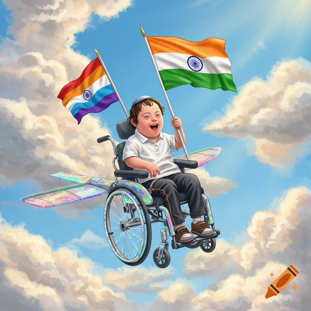 A happy child with Down syndrome in a flying wheelchair holds an Indian flag and a rainbow flag in a blue, cloudy sky.