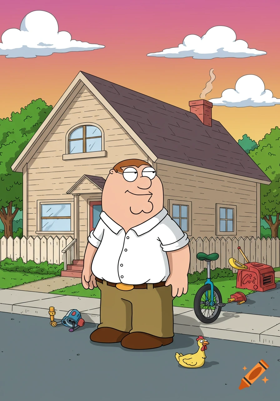 Peter Griffin stands on a sidewalk in front of a beige house with a red roof at sunset, in a cartoon style. A unicycle, red radio, and yellow chicken are nearby.