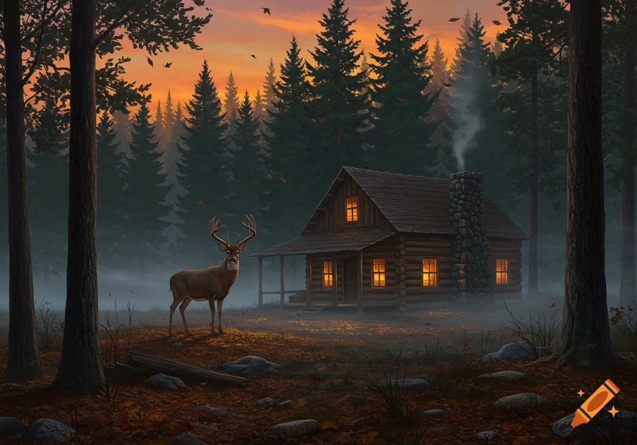 A majestic buck stands in a misty forest clearing with a cozy, lit log cabin at sunset.