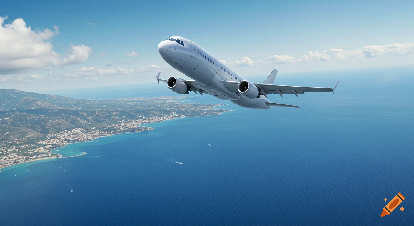 A realistic photo of a passenger airplane flying over a deep blue sea and a coastal town under a clear sky.