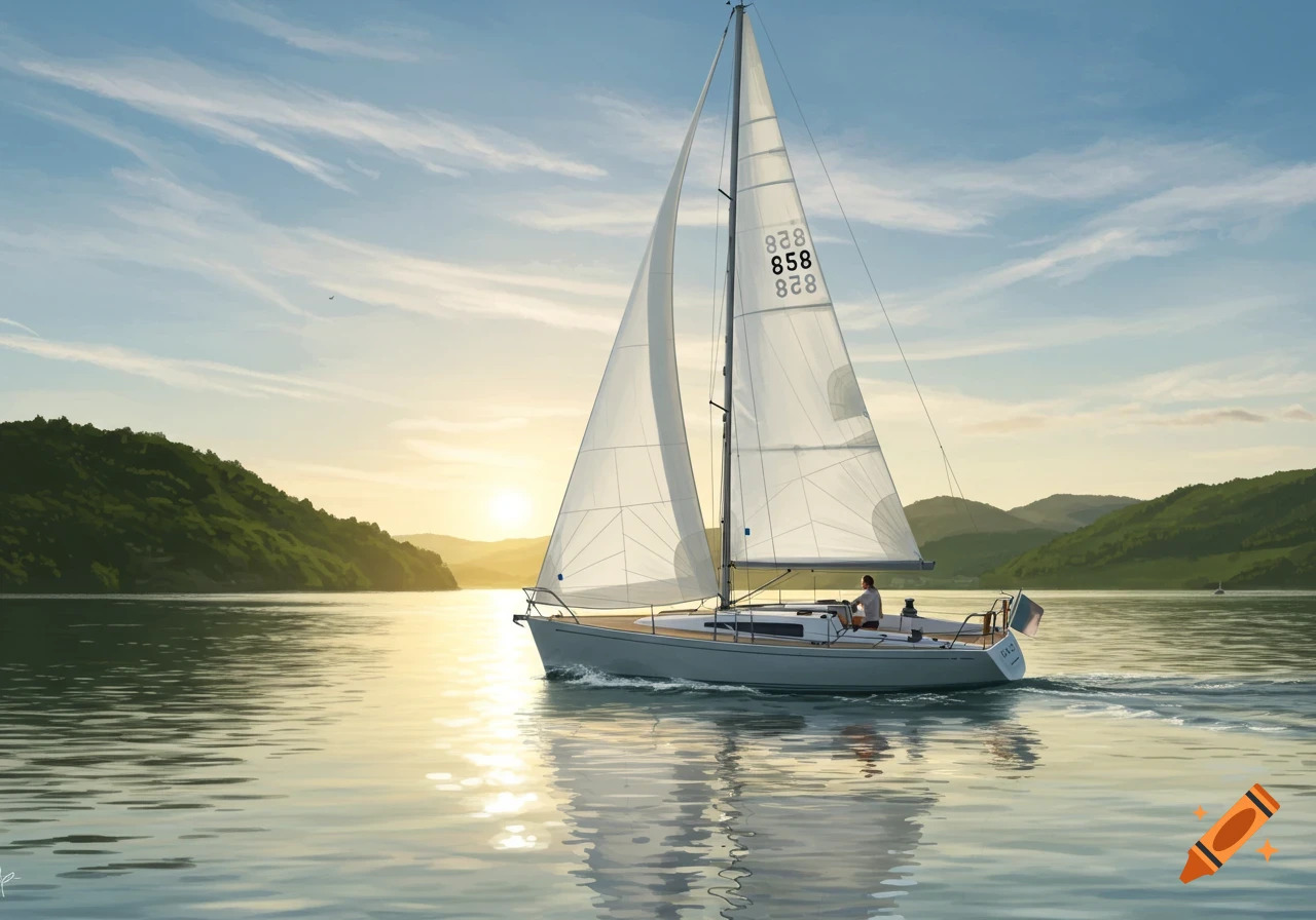 Photorealistic painting of a sailboat on a calm lake at sunset, with green hills in the background.