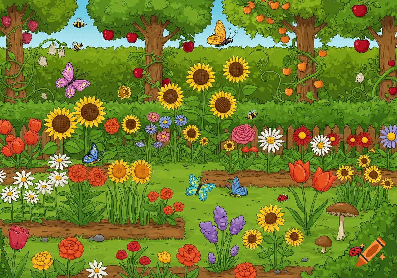 Vibrant cartoon garden scene with sunflowers, tulips, daisies, butterflies, bees, and apple trees.