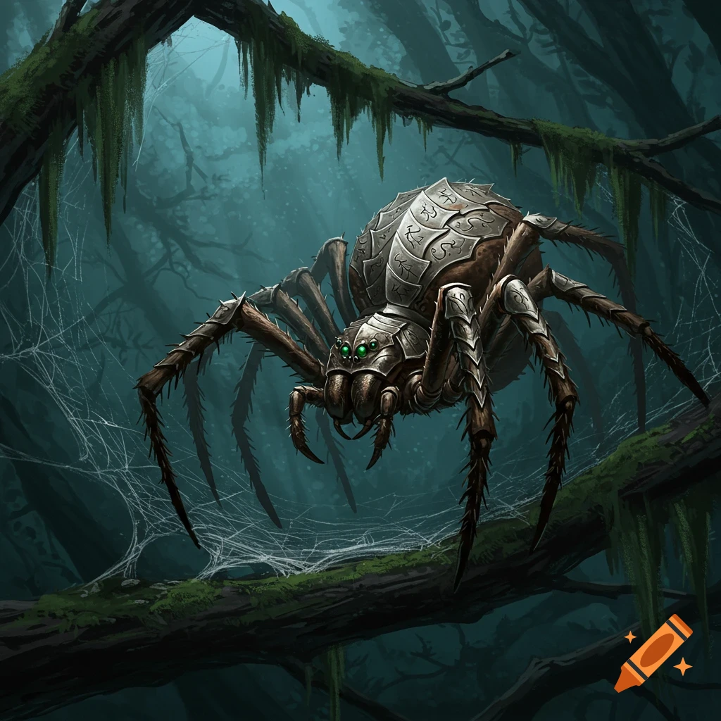 Armored giant spider with glowing green eyes on a mossy branch in a dark, misty forest. Fantasy art style.