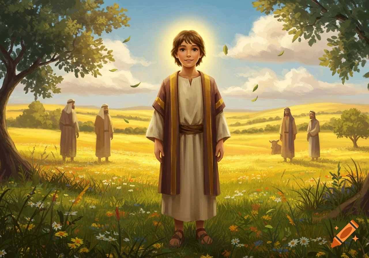 A young boy with a halo in prophet's robes stands in a sunny field with wildflowers, men, and a cow in the background. Illustrated.