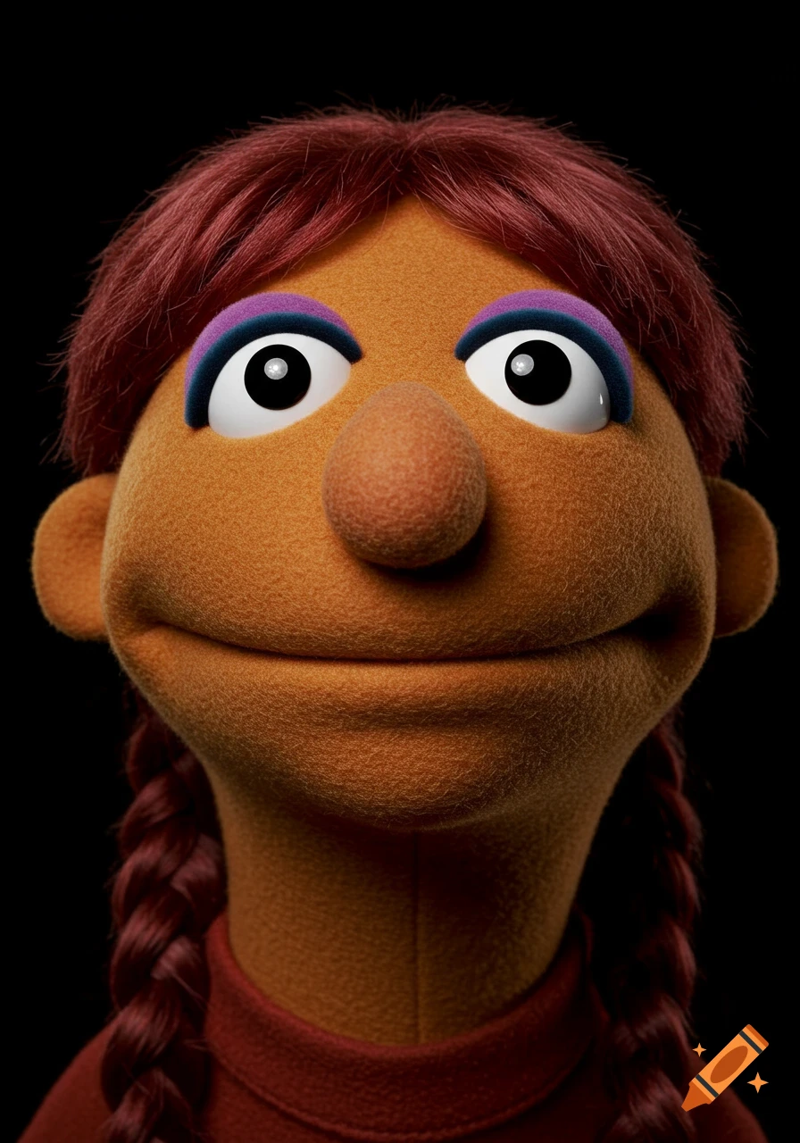 A close-up of a realistic Muppet-style puppet with orange felt skin, red braided hair, and large plastic eyes, against a black background.