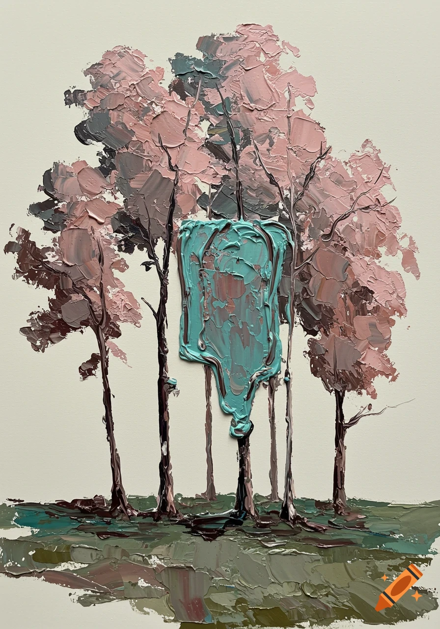 Abstract oil painting of melting pastel-toned trees with heavy impasto texture, against a cream background.