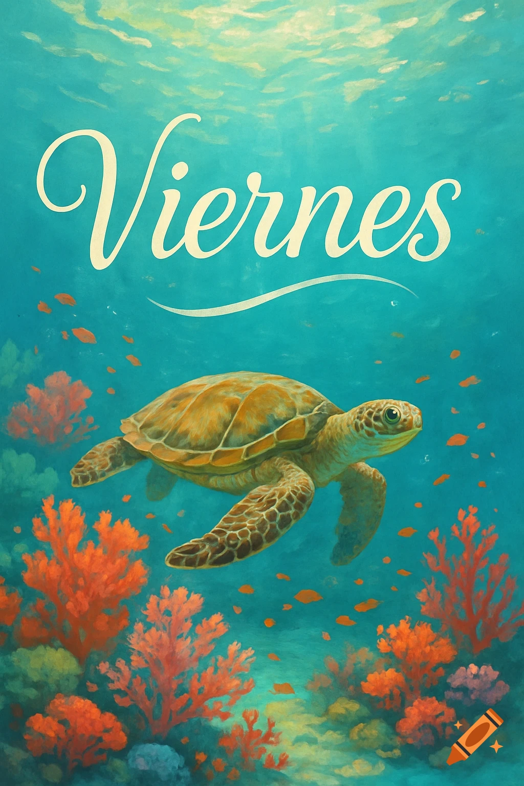 An illustration of a sea turtle swimming amongst coral in a vibrant blue underwater scene with the word 'Viernes' at the top.