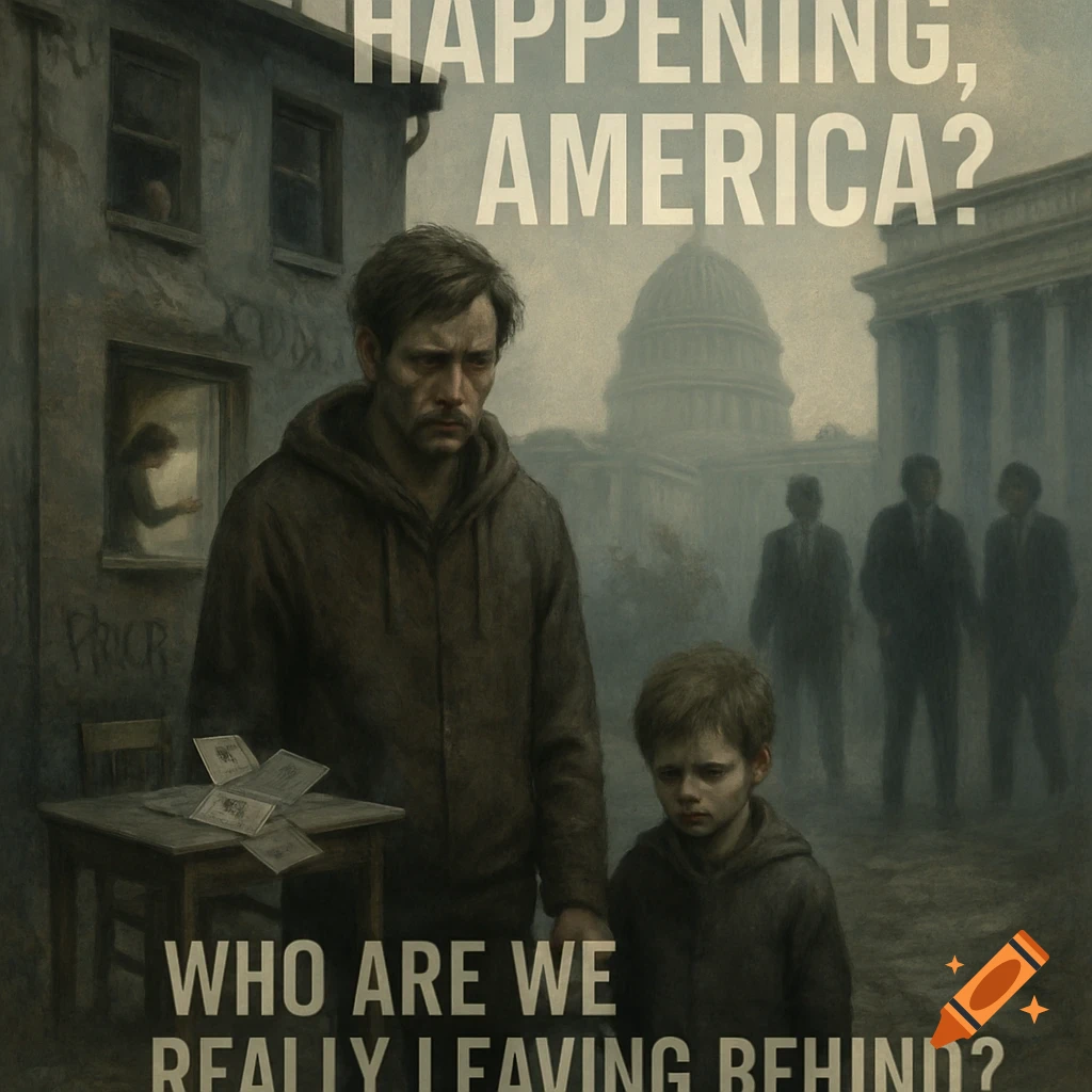A somber painting of a father and child in a run-down setting, with government buildings and blurred figures in the background. Overlayed text reads, "HAPPENING, AMERICA? WHO ARE WE REALLY LEAVING BEHIND?"