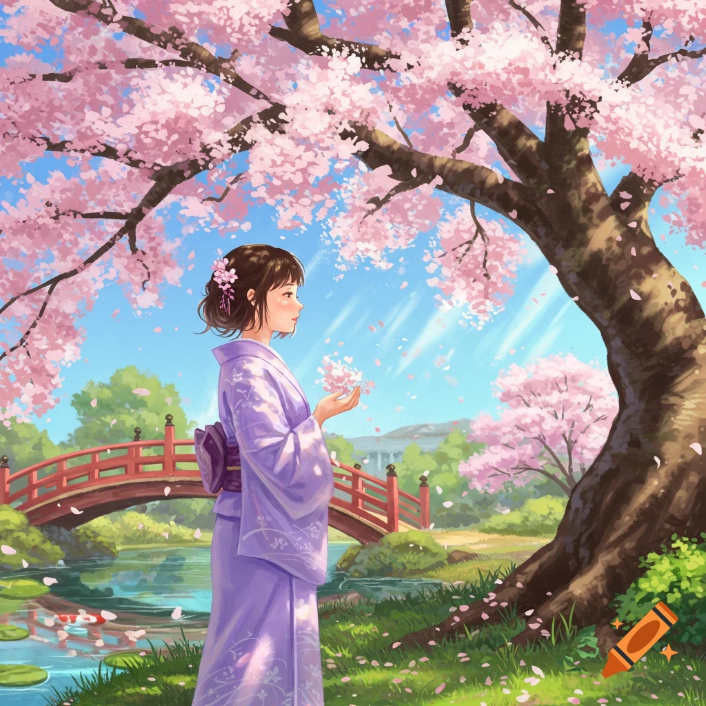 Anime-style illustration of a young woman in a purple kimono standing under a cherry blossom tree in a Japanese garden with a red bridge.