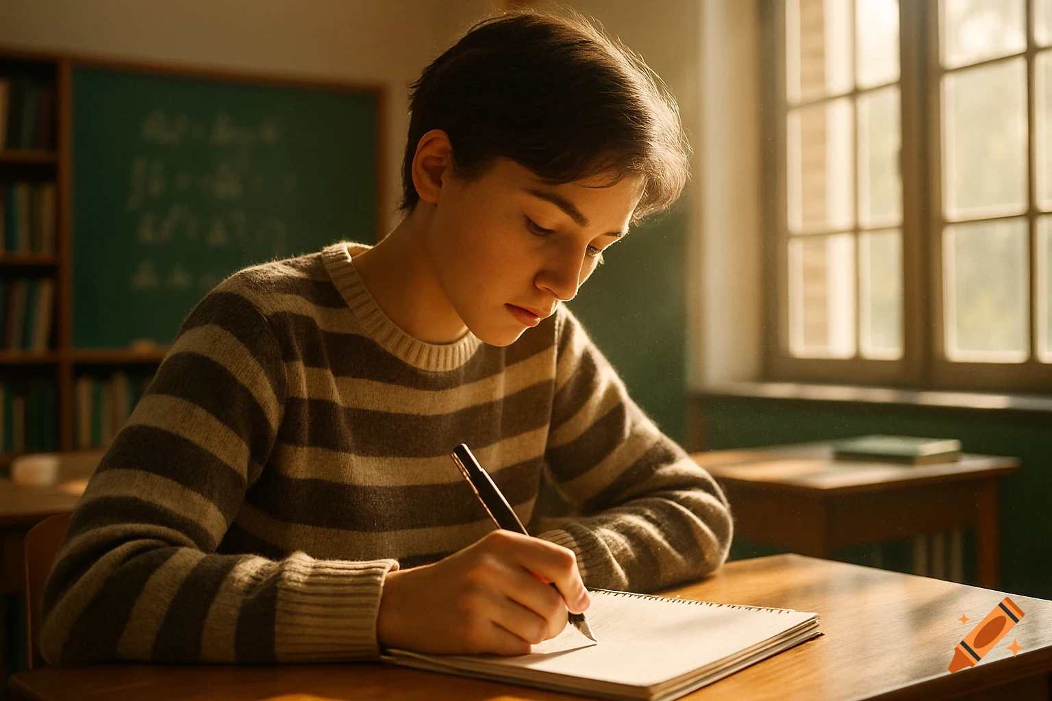 A young person with short hair wearing a striped sweater sits at a wooden desk, diligently writing in a notebook with a pen in a sunlit classroom.
