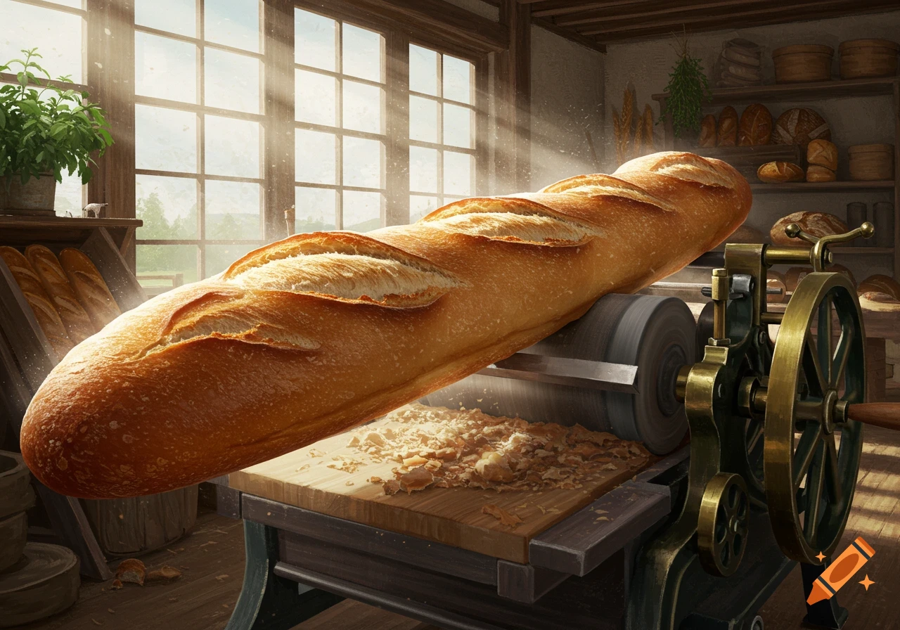 A very long baguette is being 'sharpened' by an old-fashioned brass machine in a sunlit bakery, scattering bread crumbs.