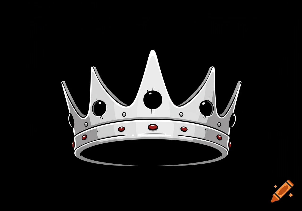 A white cartoon crown adorned with black and red jewels, set against a solid black background.