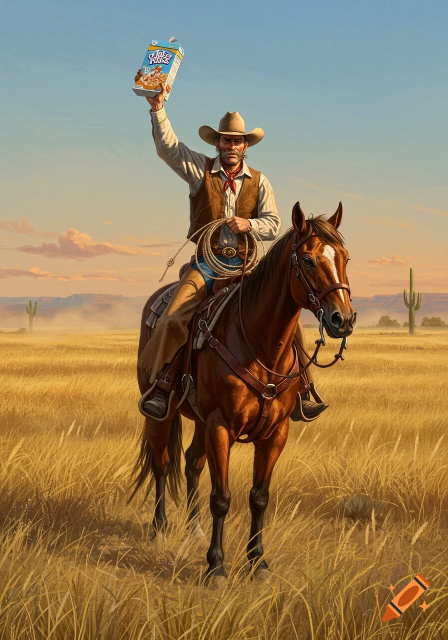A cowboy on a horse holds up a box of cereal in a desert landscape.