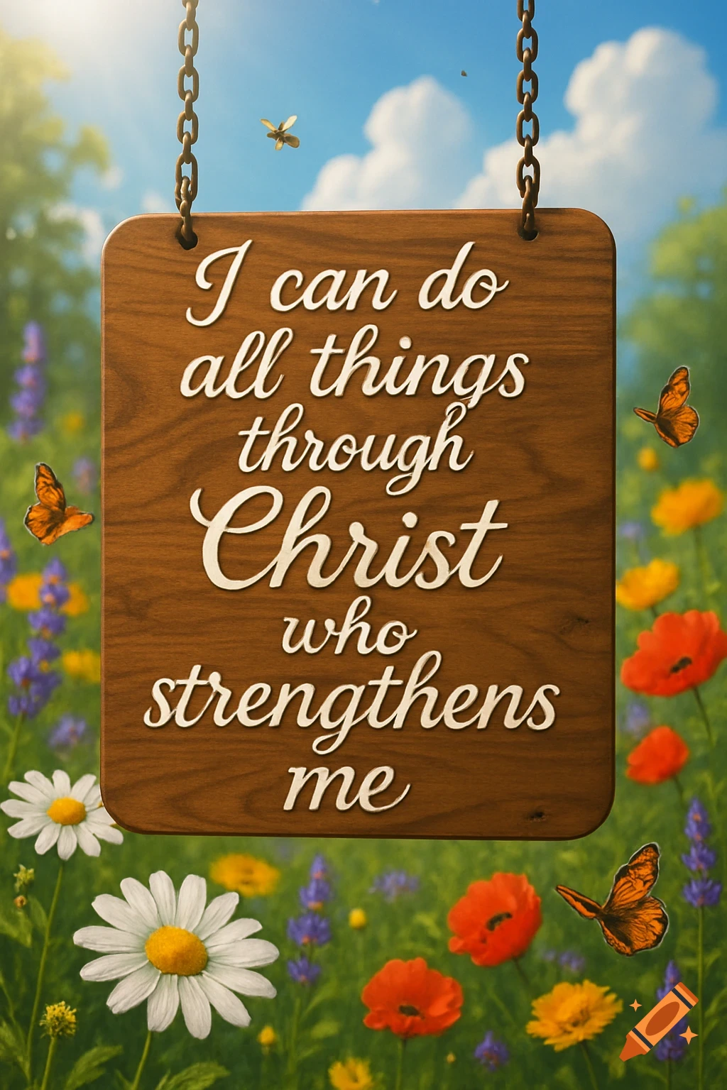 A wooden sign with "I can do all things through Christ who strengthens me" hangs in a field of colorful flowers under a sunny sky.