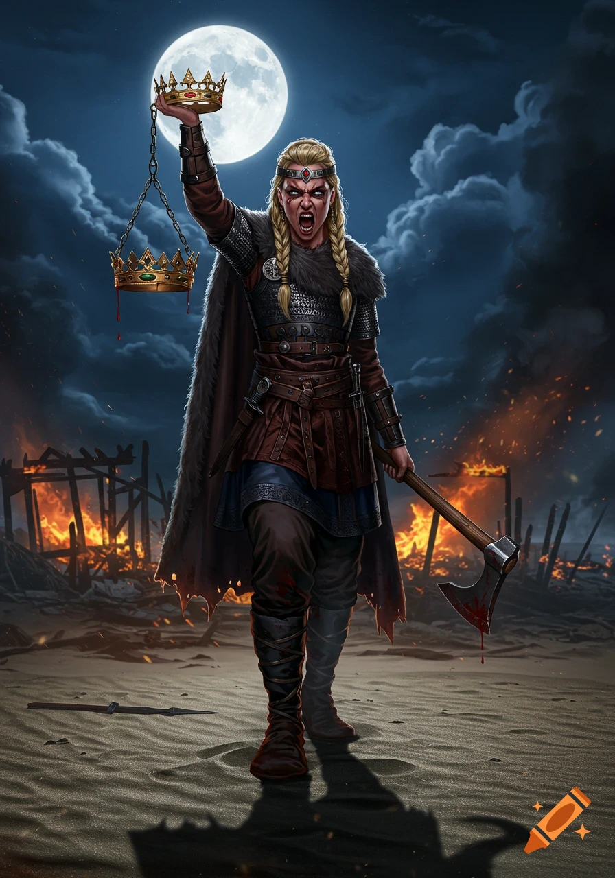 A fierce blonde Viking woman warrior with an axe stands before burning ruins under a full moon, holding a bloody crown triumphantly aloft.