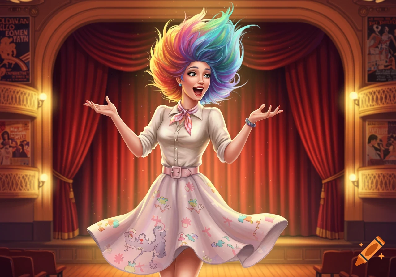 A happy woman with vibrant rainbow hair and a pink 50s-style poodle skirt stands on a theater stage with red curtains.