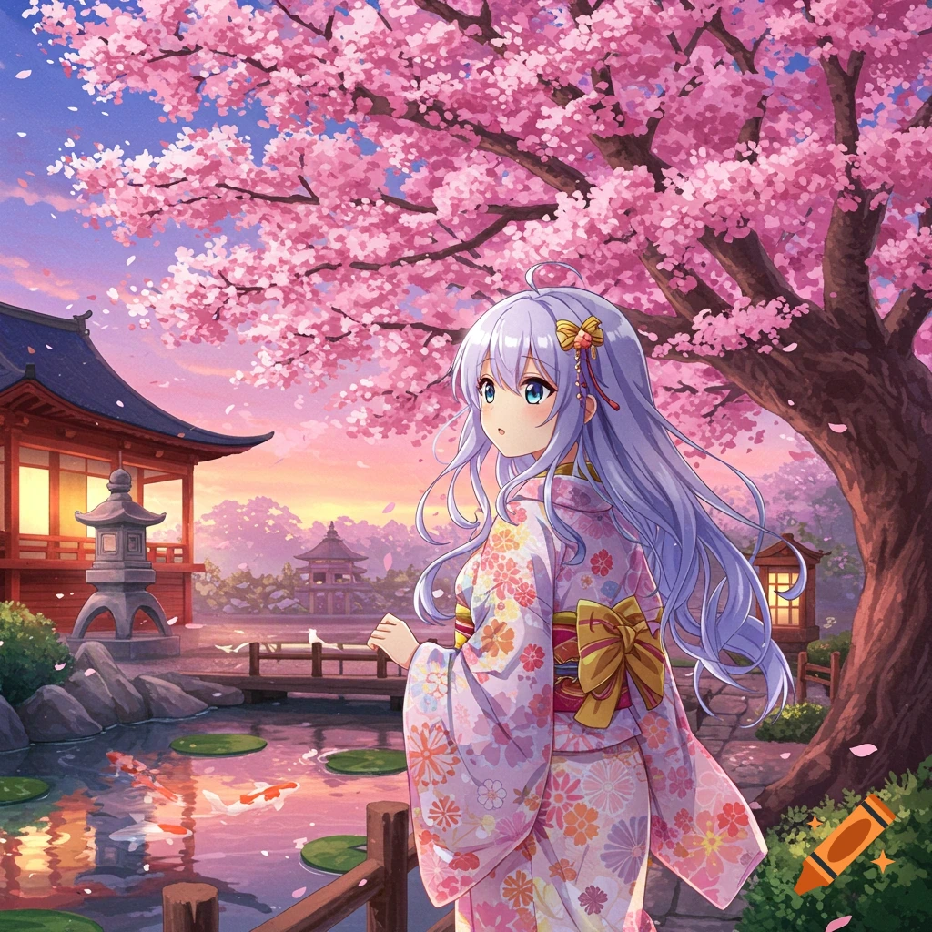 Anime girl in a pink floral kimono standing in a Japanese garden with a pond, traditional buildings, and blooming pink cherry blossoms at sunset.