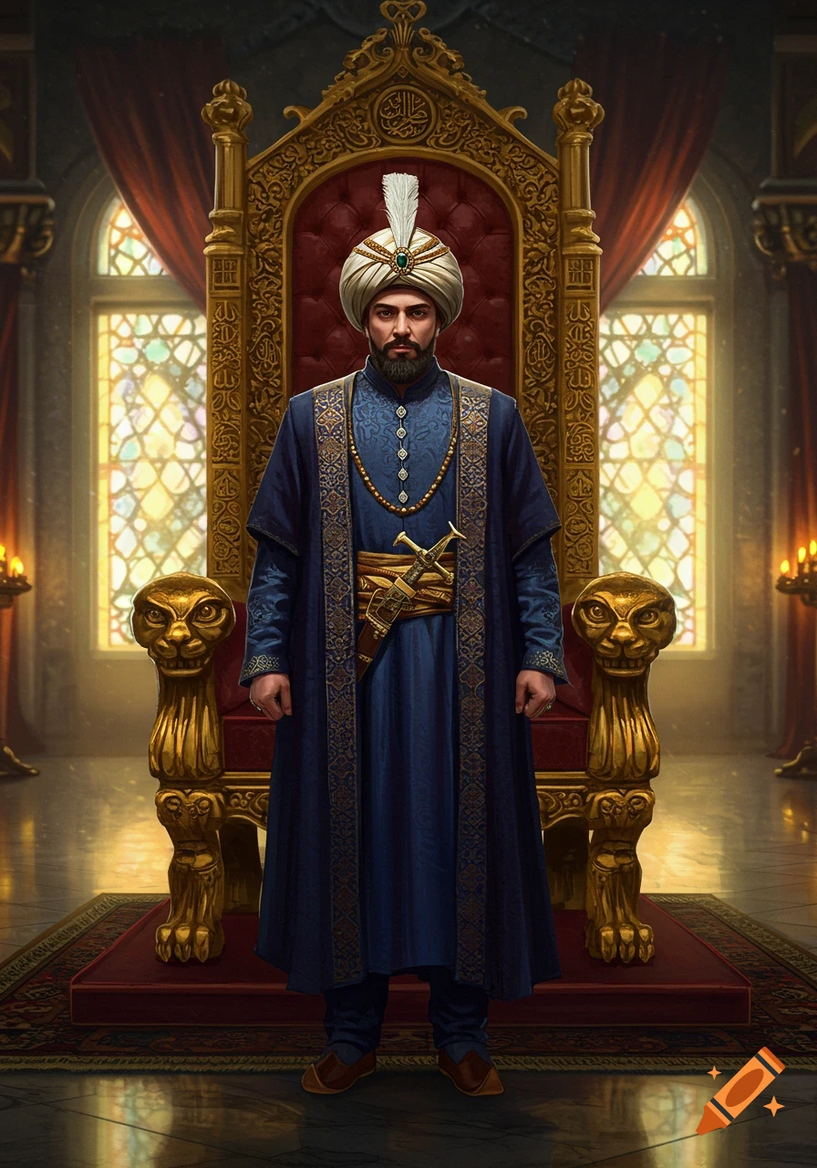 A man in a blue traditional robe and turban with a feathered plume stands before an ornate golden throne in a royal chamber.
