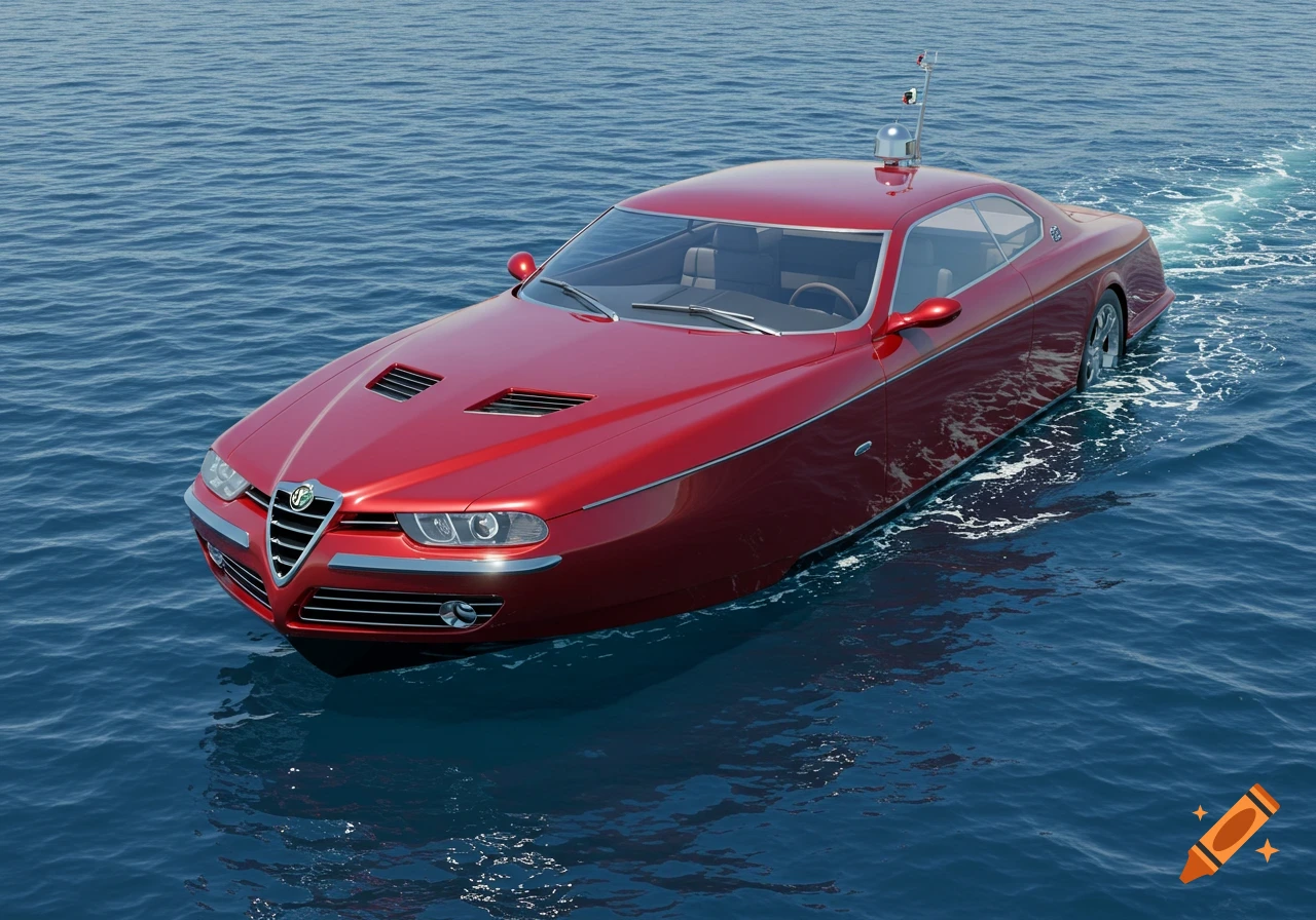 A sleek red yacht, styled like an Alfa Romeo car, cruises across deep blue water, leaving a white wake behind it.