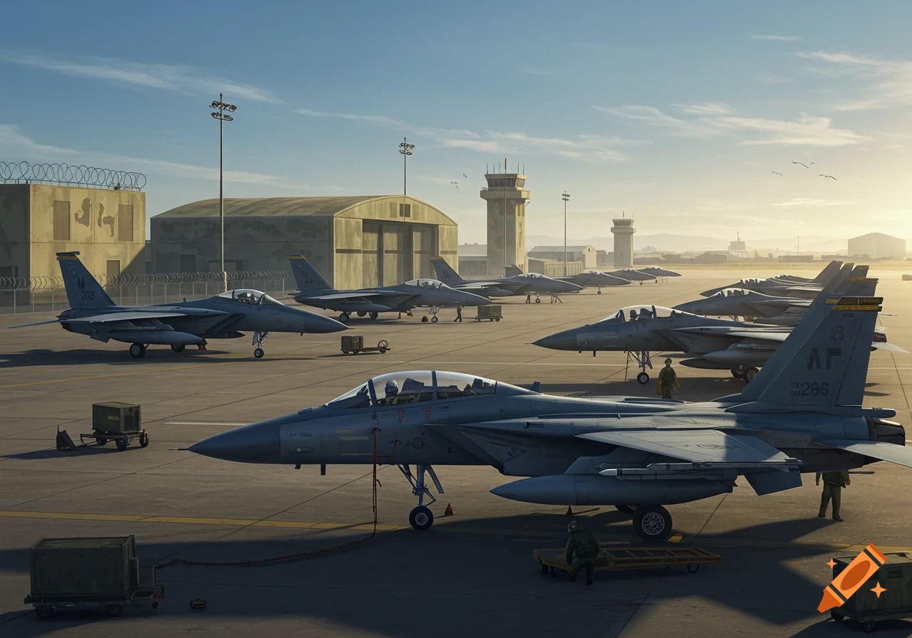 Photorealistic image of multiple F-15 fighter jets parked on an airfield at a military base, with hangars and control towers in the background under a sunset sky.