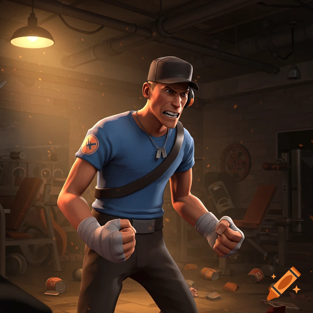 Stylized illustration of an angry Scout from Team Fortress 2 in a dimly lit gym, fists clenched.