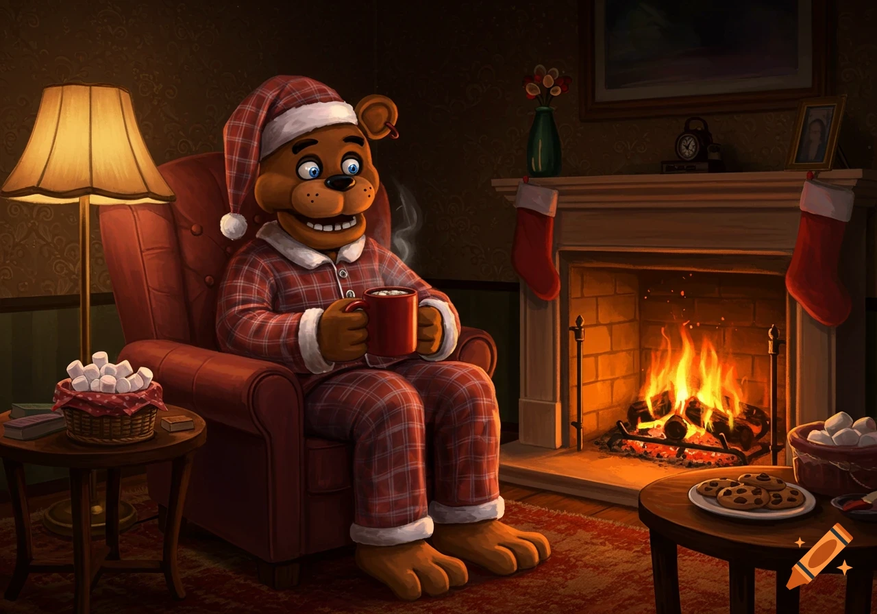 Freddy Fazbear in pajamas and a Santa hat sits in a red armchair, drinking hot cocoa by a festive fireplace.