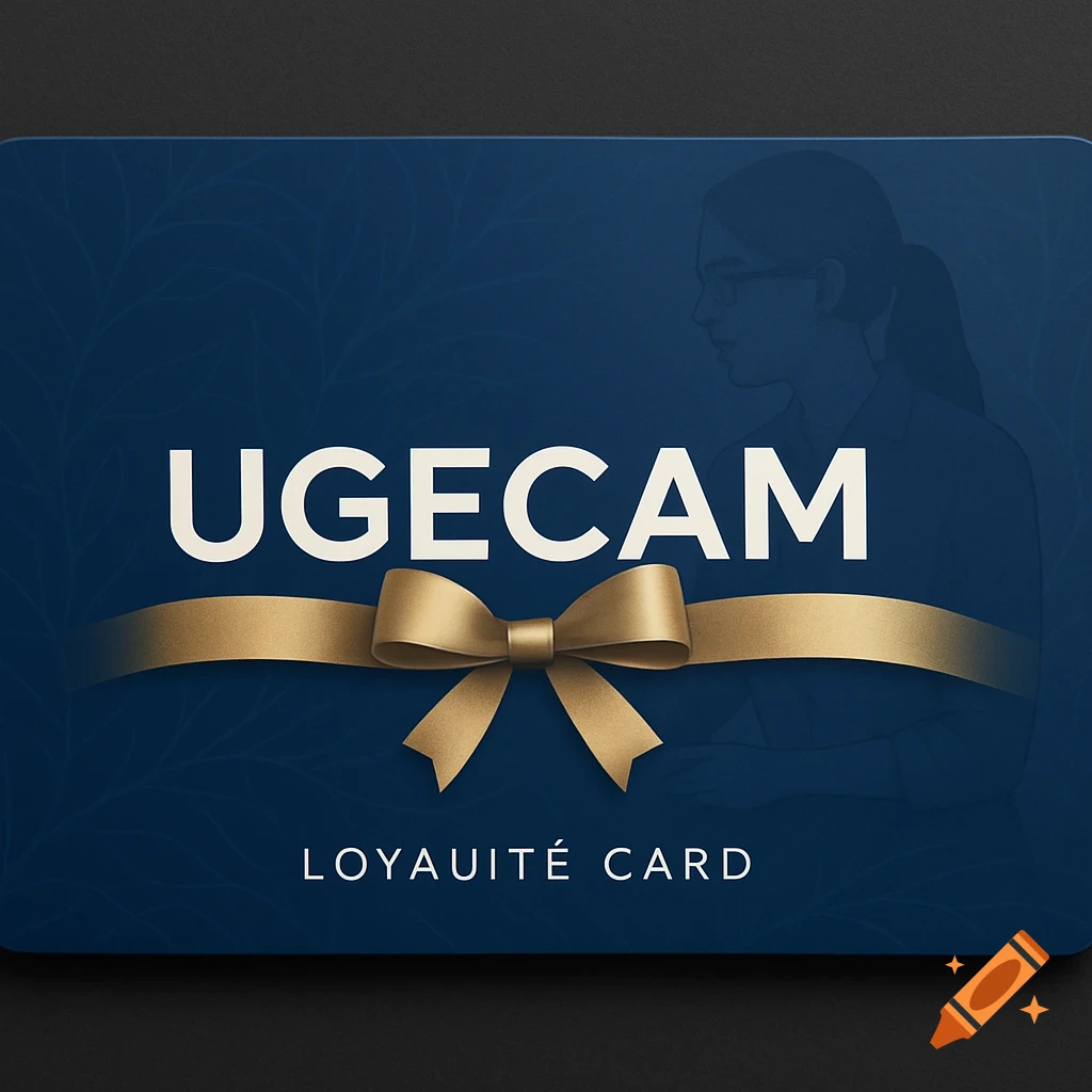 A dark blue loyalty card with "UGECAM" text, a gold ribbon and bow, and "LOYAUTÉ CARD" text, featuring a subtle silhouette.