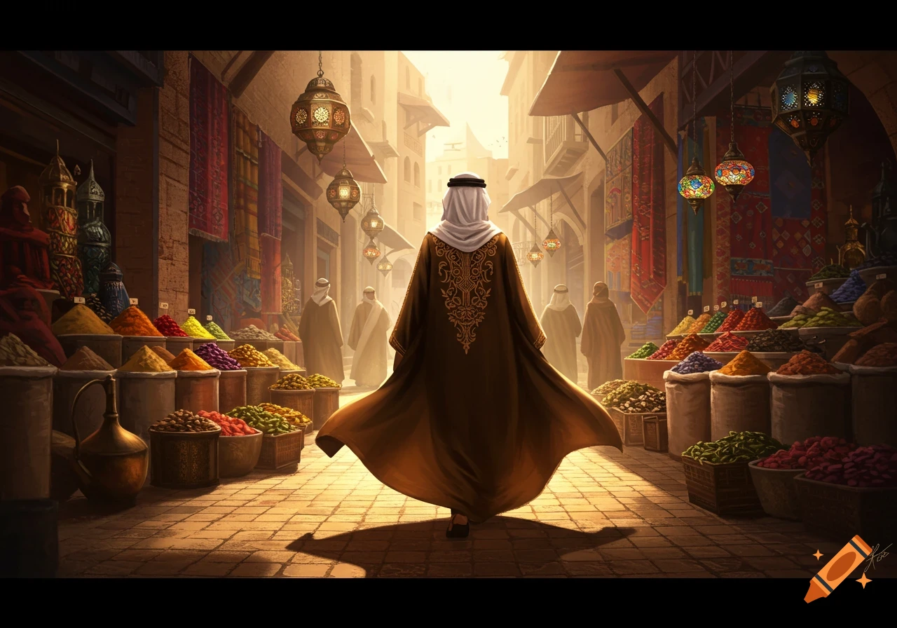 A person in a flowing brown robe walks through a bustling Middle Eastern market street lined with colorful spices and ornate lanterns.
