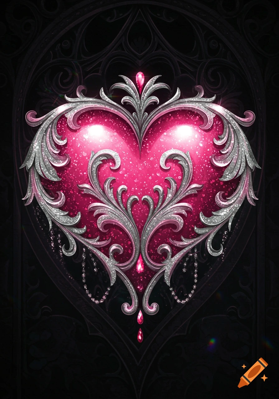 A vibrant pink, glittery gothic heart adorned with intricate silver filigree, set against a dark, textured background.
